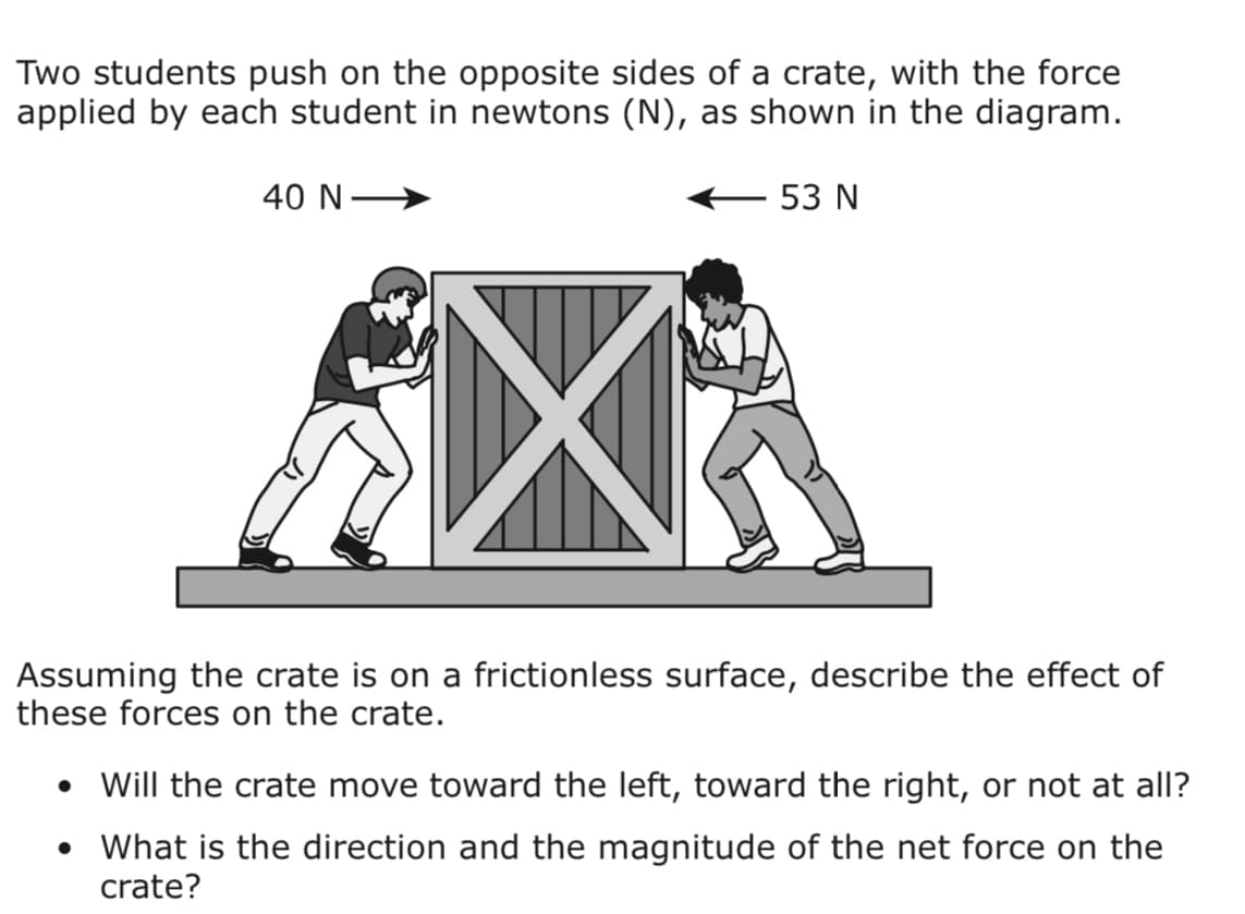 Two students push on the opposite sides of a crate, with the force
applied by each student in newtons (N), as shown in the diagram.
40 N
53 N
Assuming the crate is on a frictionless surface, describe the effect of
these forces on the crate.
• Will the crate move toward the left, toward the right, or not at all?
• What is the direction and the magnitude of the net force on the
crate?
