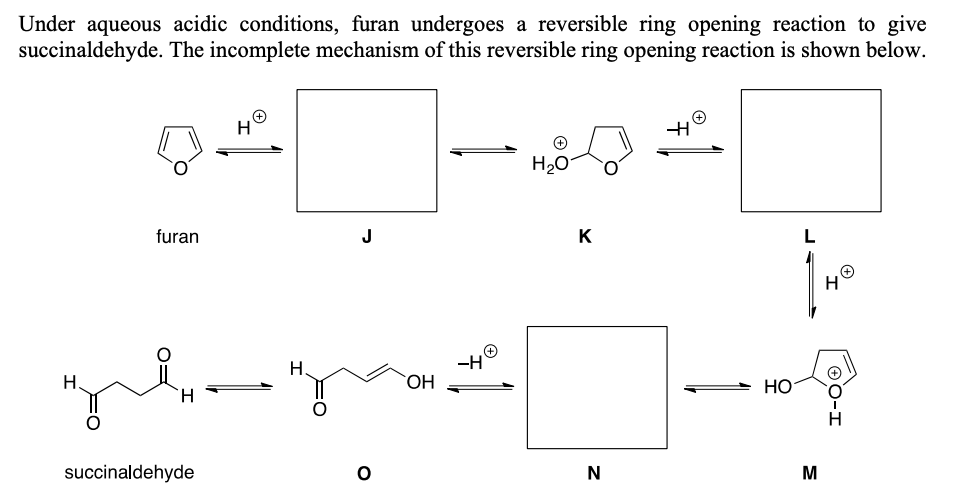 Under aqueous acidic conditions, furan undergoes a reversible ring opening reaction to give
succinaldehyde. The incomplete mechanism of this reversible ring opening reaction is shown below.
H
H20
furan
J
K
H.
H
HO
H.
succinaldehyde
N
M
O0-I
