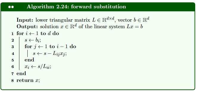 Algorithm 2.24: forward substitution
Input: lower triangular matrix LE Rdxd, vector b E Rd
Output: solution z € Rª of the linear system Lx = b
1 for i ← 1 to d do
2
3
4
s ←bi;
for j← 1 to i - 1 do
s ←s — Lij£j;
end
Iį ← s/Lui;
5
6
7 end
8 return x;