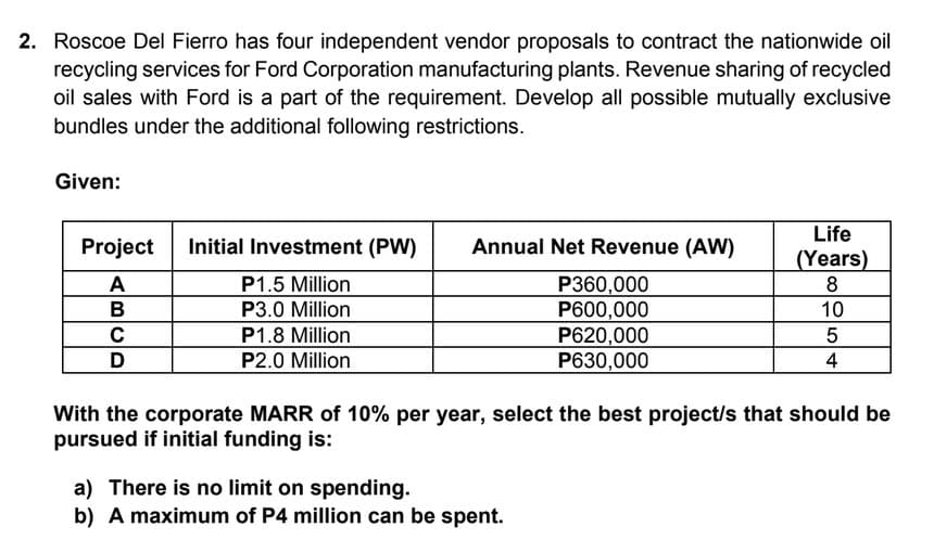 2. Roscoe Del Fierro has four independent vendor proposals to contract the nationwide oil
recycling services for Ford Corporation manufacturing plants. Revenue sharing of recycled
oil sales with Ford is a part of the requirement. Develop all possible mutually exclusive
bundles under the additional following restrictions.
Given:
Project
A
B
C
D
Initial Investment (PW)
P1.5 Million
P3.0 Million
P1.8 Million
P2.0 Million
Annual Net Revenue (AW)
P360,000
P600,000
P620,000
P630,000
Life
(Years)
8
10
a) There is no limit on spending.
b) A maximum of P4 million can be spent.
5
4
With the corporate MARR of 10% per year, select the best project/s that should be
pursued if initial funding is: