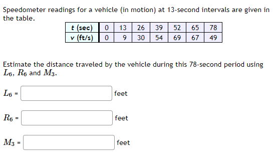 Speedometer readings for a vehicle (in motion) at 13-second intervals are given in
the table.
t (sec)|0
v (ft/s) 0 9 30
65 78
67 49
13
26
39
52
54
69
Estimate the distance traveled by the vehicle during this 78-second period using
L6, Re and M3.
Le =
feet
Ro =
feet
M3
feet
