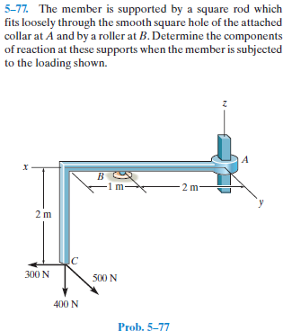 5-77. The member is supported by a square rod which
fits loosely through the smooth square hole of the attached
collar at A and by a roller at B. Determine the components
of reaction at these supports when the member is subjected
to the loading shown.
A
B
-1 m-
- 2 m-
2 m
300 N
500 N
400 N
Prob. 5-77
