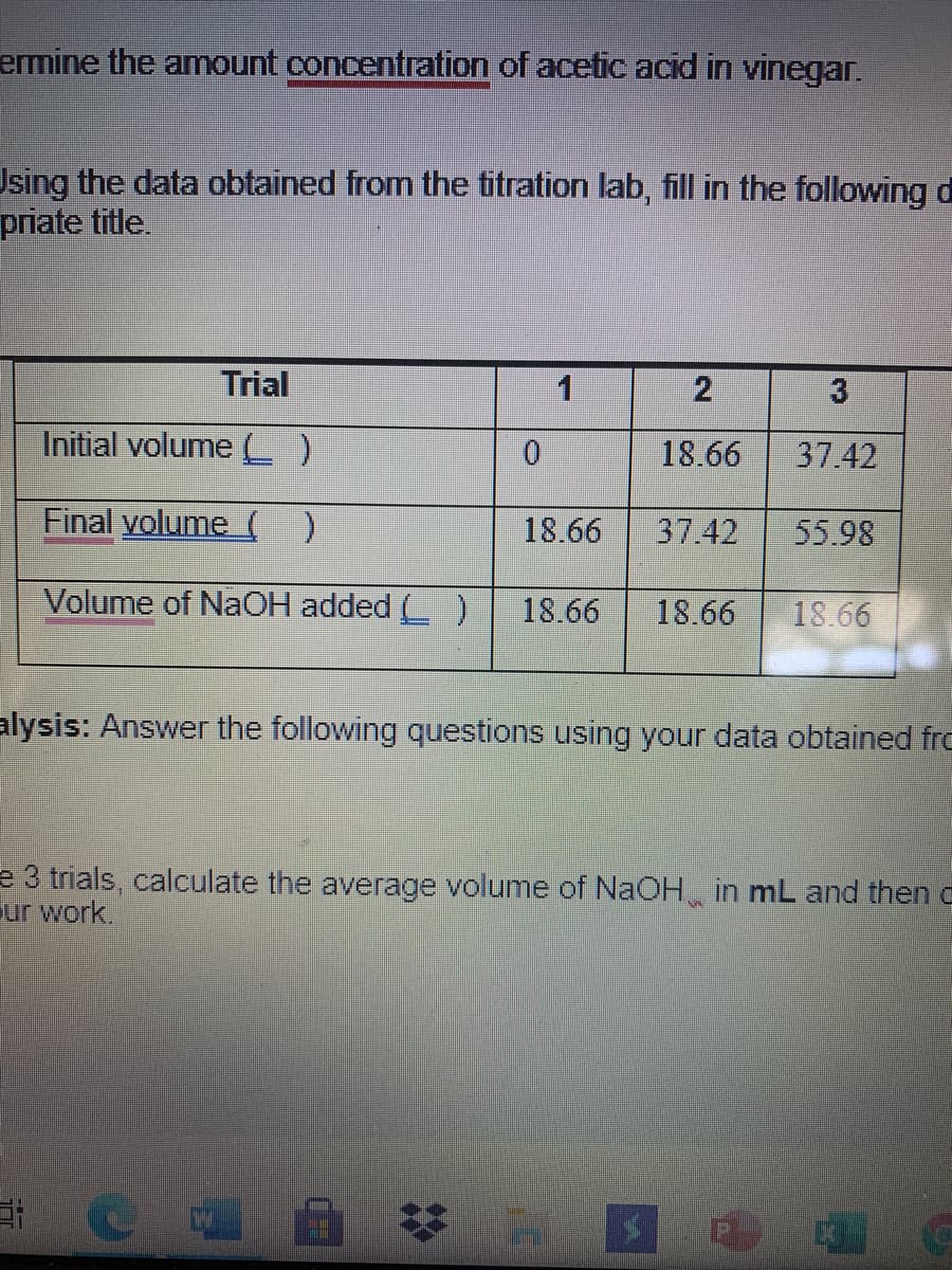 emine the amount concentration of acetic acid in vinegar.
Using the data obtained from the titration lab, fill in the following di
priate title.
Trial
1
3
Initial volume (L)
18.66
37.42
Final yolume ( )
18.66
37.42
55.98
Volume of NaOH added ()
18.66
18.66
18.66
alysis: Answer the following questions using your data obtained fro
e 3 trials, calculate the average volume of NaOH in mL and then e
ur work.

