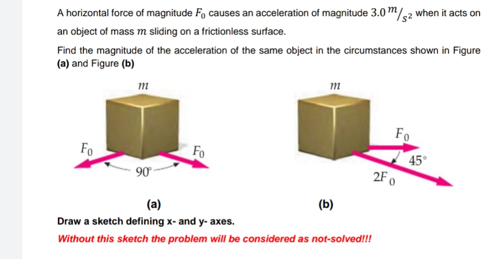 A horizontal force of magnitude F, causes an acceleration of magnitude 3.0"/2 when it acts on
an object of mass m sliding on a frictionless surface.
the same object in the circumstances shown in Figure
Find the magnitude of the acceleration
(a) and Figure (b)
Fo
Fo
Fo
45
2F o
90
(a)
(b)
Draw a sketch defining x- and y- axes.
Without this sketch the problem will be considered as not-solved!!!
