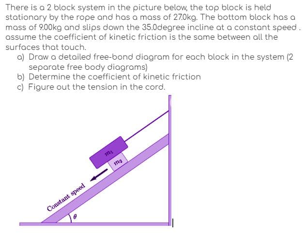 There is a 2 block system in the picture below, the top block is held
stationary by the rope and has a mass of 27.0kg. The bottom block has a
mass of 9.00kg and slips down the 35.0degree incline at a constant speed.
assume the coefficient of kinetic friction is the same between all the
surfaces that touch.
a) Draw a detailed free-bond diagram for each block in the system (2
separate free body diagrams)
b) Determine the coefficient of kinetic friction
c) Figure out the tension in the cord.
Constant speed
m₂
m₂
