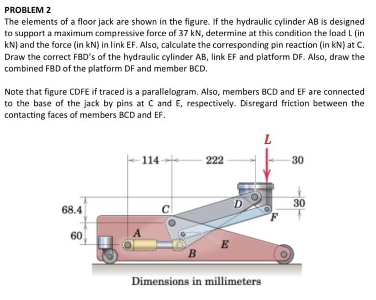 PROBLEM 2
The elements of a floor jack are shown in the figure. If the hydraulic cylinder AB is designed
to support a maximum compressive force of 37 kN, determine at this condition the load L (in
kN) and the force (in kN) in link EF. Also, calculate the corresponding pin reaction (in kN) at C.
Draw the correct FBD's of the hydraulic cylinder AB, link EF and platform DF. Also, draw the
combined FBD of the platform DF and member BCD.
Note that figure CDFE if traced is a parallelogram. Also, members BCD and EF are connected
to the base of the jack by pins at C and E, respectively. Disregard friction between the
contacting faces of members BCD and EF.
L.
114
222
30
D
30
68.4
60
A
E
B
Dimensions in millimeters
