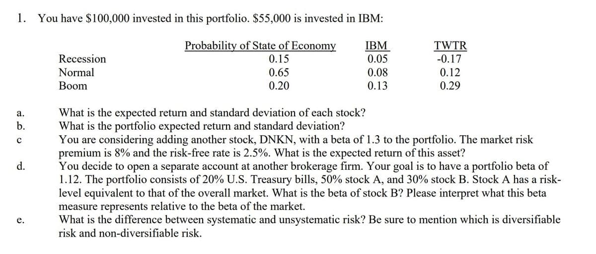 1. You have $100,000 invested in this portfolio. $55,000 is invested in IBM:
Probability of State of Economy
0.15
IBM
0.05
TWTR
-0.17
Recession
Normal
0.65
0.08
0.12
Вoom
0.20
0.13
0.29
What is the expected return and standard deviation of each stock?
What is the portfolio expected return and standard deviation?
You are considering adding another stock, DNKN, with a beta of 1.3 to the portfolio. The market risk
premium is 8% and the risk-free rate is 2.5%. What is the expected return of this asset?
You decide to open a separate account at another brokerage firm. Your goal is to have a portfolio beta of
1.12. The portfolio consists of 20% U.S. Treasury bills, 50% stock A, and 30% stock B. Stock A has a risk-
level equivalent to that of the overall market. What is the beta of stock B? Please interpret what this beta
measure represents relative to the beta of the market.
What is the difference between systematic and unsystematic risk? Be sure to mention which is diversifiable
risk and non-diversifiable risk.
а.
b.
d.
е.
