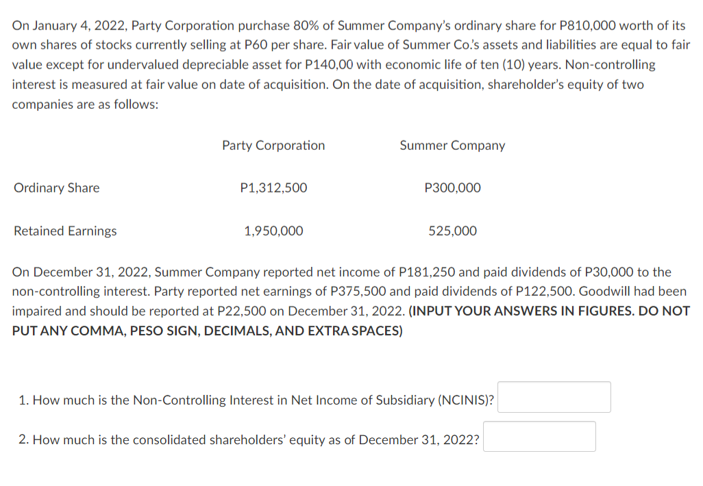 On January 4, 2022, Party Corporation purchase 80% of Summer Company's ordinary share for P810,000 worth of its
own shares of stocks currently selling at P60 per share. Fair value of Summer Co's assets and liabilities are equal to fair
value except for undervalued depreciable asset for P140,00 with economic life of ten (10) years. Non-controlling
interest is measured at fair value on date of acquisition. On the date of acquisition, shareholder's equity of two
companies are as follows:
Party Corporation
Summer Company
Ordinary Share
P1,312,500
P300,000
Retained Earnings
1,950,000
525,000
On December 31, 2022, Summer Company reported net income of P181,250 and paid dividends of P30,000 to the
non-controlling interest. Party reported net earnings of P375,500 and paid dividends of P122,500. Goodwill had been
impaired and should be reported at P22,500 on December 31, 2022. (INPUT YOUR ANSWERS IN FIGURES. DO NOT
PUT ANY COMMA, PESO SIGN, DECIMALS, AND EXTRA SPACES)
1. How much is the Non-Controlling Interest in Net Income of Subsidiary (NCINIS)?
2. How much is the consolidated shareholders' equity as of December 31, 2022?
