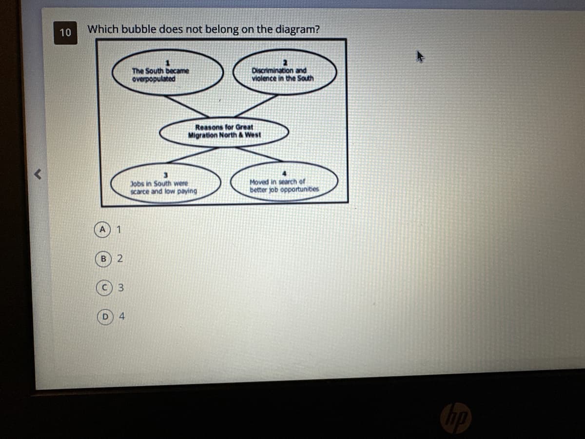 L
10
Which bubble does not belong on the diagram?
B
1
2
4
The South became
overpopulated
Discrimination and
violence in the South
Reasons for Great
Migration North & West
3
Jobs in South were
scarce and low paying
4
Moved in search of
better job opportunities