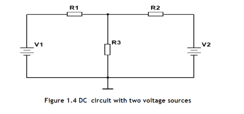 V1
R1
R3
R2
Figure 1.4 DC circuit with two voltage sources
V2
