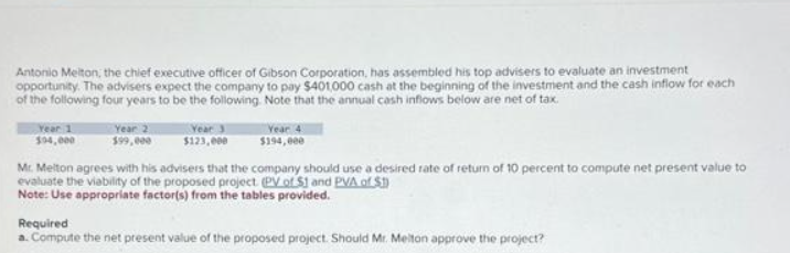 Antonio Melton, the chief executive officer of Gibson Corporation, has assembled his top advisers to evaluate an investment
opportunity. The advisers expect the company to pay $401,000 cash at the beginning of the investment and the cash inflow for each
of the following four years to be the following. Note that the annual cash inflows below are net of tax.
Year 1
504,000
Year 2
$99,000
Year 3
$123,000
Year 4
$194,000
Mr. Melton agrees with his advisers that the company should use a desired rate of return of 10 percent to compute net present value to
evaluate the viability of the proposed project (PV of $1 and PVA of $1)
Note: Use appropriate factor(s) from the tables provided.
Required
a. Compute the net present value of the proposed project. Should Mr. Meliton approve the project?