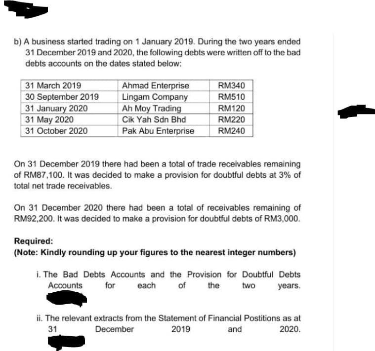 b) A business started trading on 1 January 2019. During the two years ended
31 December 2019 and 2020, the following debts were written off to the bad
debts accounts on the dates stated below:
RM340
31 March 2019
30 September 2019
31 January 2020
31 May 2020
31 October 2020
Ahmad Enterprise
Lingam Company
Ah Moy Trading
RM510
RM120
Cik Yah Sdn Bhd
RM220
Pak Abu Enterprise
RM240
On 31 December 2019 there had been a total of trade receivables remaining
of RM87,100. It was decided to make a provision for doubtful debts at 3% of
total net trade receivables.
On 31 December 2020 there had been a total of receivables remaining of
RM92,200. It was decided to make a provision for doubtful debts of RM3,000.
Required:
(Note: Kindly rounding up your figures to the nearest integer numbers)
i. The Bad Debts Accounts and the Provision for Doubtful Debts
Accounts
for
each
of
the
two
years.
ii. The relevant extracts from the Statement of Financial Postitions as at
31
December
2019
and
2020.
