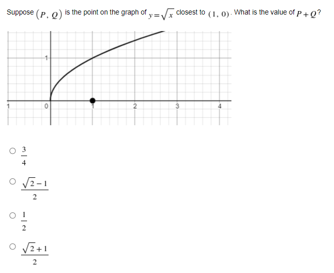 Suppose (P. O) is the point on the graph of y =Vx
closest to (1, 0) - What is the value of P+Q?
1-
V2-1
2
V2+1
2.
-|N
