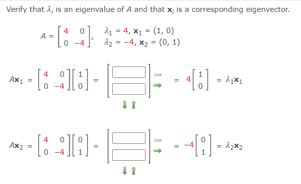 Verify that 2; is an eigenvalue of A and that x; is a corresponding eigenvector.
21 = 4, x1 = (1, 0)
12 = -4, x2 = (o, 1)
4
A =
0 -4
%3D
4
Ax1
Ax2
