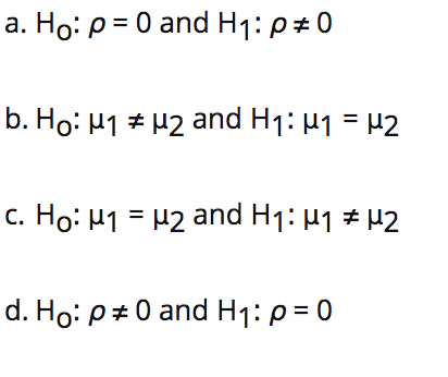 a. Ho: p = 0 and H1: p#0
b. Ho: H1 + H2 and H1: µ1 = H2
c. Ho: H1 = H2 and H1: H1 # H2
d. Ho: p+ 0 and H1: p = 0
