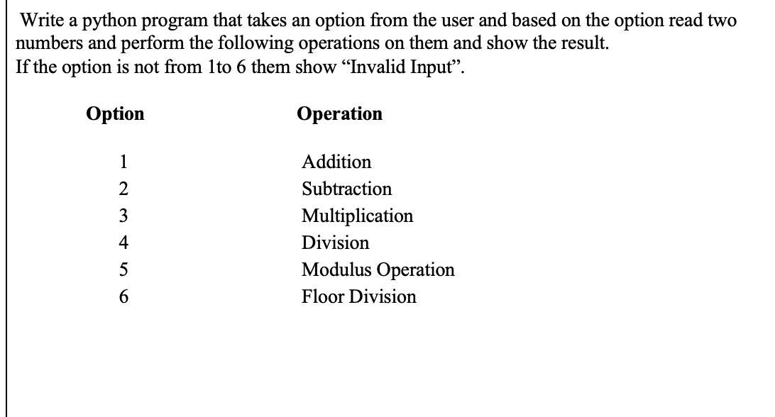 Write a python program that takes an option from the user and based on the option read two
numbers and perform the following operations on them and show the result.
If the option is not from 1to 6 them show "Invalid Input".
Option
Operation
1
Addition
2
Subtraction
3
Multiplication
4
Division
Modulus Operation
6.
Floor Division
