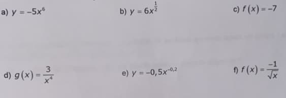 a) y = -5x6
d) g(x) = -3/
b) y = 6x²
e) y = -0,5x-0,2
c) f(x) = -7
()=3/
f) f(x) =