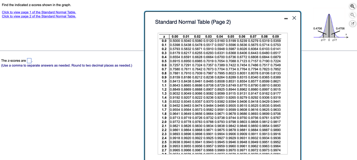 Find the indicated z-scores shown in the graph.
Click to view page 1 of the Standard Normal Table.
Click to view page 2 of the Standard Normal Table.
The Z-scores are
(Use a comma to separate answers as needed. Round to two decimal places as needed.)
Standard Normal Table (Page 2)
Z
0.0
0.1
0.2
0.3
0.4
0.5
0.6
0.7
0.8
0.9
1.0
1.1
1.2
0.00 0.01 0.02 0.03 0.04 0.05 0.06 0.07 0.08 0.09
0.5000 0.5040 0.5080 0.5120 0.5160 0.5199 0.5239 0.5279 0.5319 0.5359
0.5398 0.5438 0.5478 0.5517 0.5557 0.5596 0.5636 0.5675 0.5714 0.5753
0.5793 0.5832 0.5871 0.5910 0.5948 0.5987 0.6026 0.6064 0.6103 0.6141
0.6179 0.6217 0.6255 0.6293 0.6331 0.6368 0.6406 0.6443 0.6480 0.6517
0.6554 0.6591 0.6628 0.6664 0.6700 0.6736 0.6772 0.6808 0.6844 0.6879
0.6915 0.6950 0.6985 0.7019 0.7054 0.7088 0.7123 0.7157 0.7190 0.7224
0.7257 0.7291 0.7324 0.7357 0.7389 0.7422 0.7454 0.7486 0.7517 0.7549
0.7580 0.7611 0.7642 0.7673 0.7704 0.7734 0.7764 0.7794 0.7823 0.7852
0.7881 0.7910 0.7939 0.7967 0.7995 0.8023 0.8051 0.8078 0.8106 0.8133
0.8159 0.8186 0.8212 0.8238 0.8264 0.8289 0.8315 0.8340 0.8365 0.8389
0.8413 0.8438 0.8461 0.8485 0.8508 0.8531 0.8554 0.8577 0.8599 0.8621
0.8643 0.8665 0.8686 0.8708 0.8729 0.8749 0.8770 0.8790 0.8810 0.8830
0.8849 0.8869 0.8888 0.8907 0.8925 0.8944 0.8962 0.8980 0.8997 0.9015
0.9032 0.9049 0.9066 0.9082 0.9099 0.9115 0.9131 0.9147 0.9162 0.9177
1.4 0.9192 0.9207 0.9222 0.9236 0.9251 0.9265 0.9279 0.9292 0.9306 0.9319
1.5 0.9332 0.9345 0.9357 0.9370 0.9382 0.9394 0.9406 0.9418 0.9429 0.9441
1.6 0.9452 0.9463 0.9474 0.9484 0.9495 0.9505 0.9515 0.9525 0.9535 0.9545
1.7 0.9554 0.9564 0.9573 0.9582 0.9591 0.9599 0.9608 0.9616 0.9625 0.9633
0.9641 0.9649 0.9656 0.9664 0.9671 0.9678 0.9686 0.9693 0.9699 0.9706
0.9713 0.9719 0.9726 0.9732 0.9738 0.9744 0.9750 0.9756 0.9761 0.9767
0.9772 0.9778 0.9783 0.9788 0.9793 0.9798 0.9803 0.9808 0.9812 0.9817
0.9821 0.9826 0.9830 0.9834 0.9838 0.9842 0.9846 0.9850 0.9854 0.9857
0.9861 0.9864 0.9868 0.9871 0.9875 0.9878 0.9881 0.9884 0.9887 0.9890
0.9893 0.9896 0.9898 0.9901 0.9904 0.9906 0.9909 0.9911 0.9913 0.9916
2.4 0.9918 0.9920 0.9922 0.9925 0.9927 0.9929 0.9931 0.9932 0.9934 0.9936
2.5 0.9938 0.9940 0.9941 0.9943 0.9945 0.9946 0.9948 0.9949 0.9951 0.9952
2.6 0.9953 0.9955 0.9956 0.9957 0.9959 0.9960 0.9961 0.9962 0.9963 0.9964
2.7 0.9965 0.9966 0.9967 0.9968 0.9969 0.9970 0.9971 0.9972 0.9973 0.9974
1.3
1.8
1.9
2.0
2.1
2.2
2.3
20 0.0074 0.0075 0.0076 0.0077 000770 00700 0070 0.0070 0.00800 0001
X
0.4706
0.4706
Z=? 0 Z=?
X
