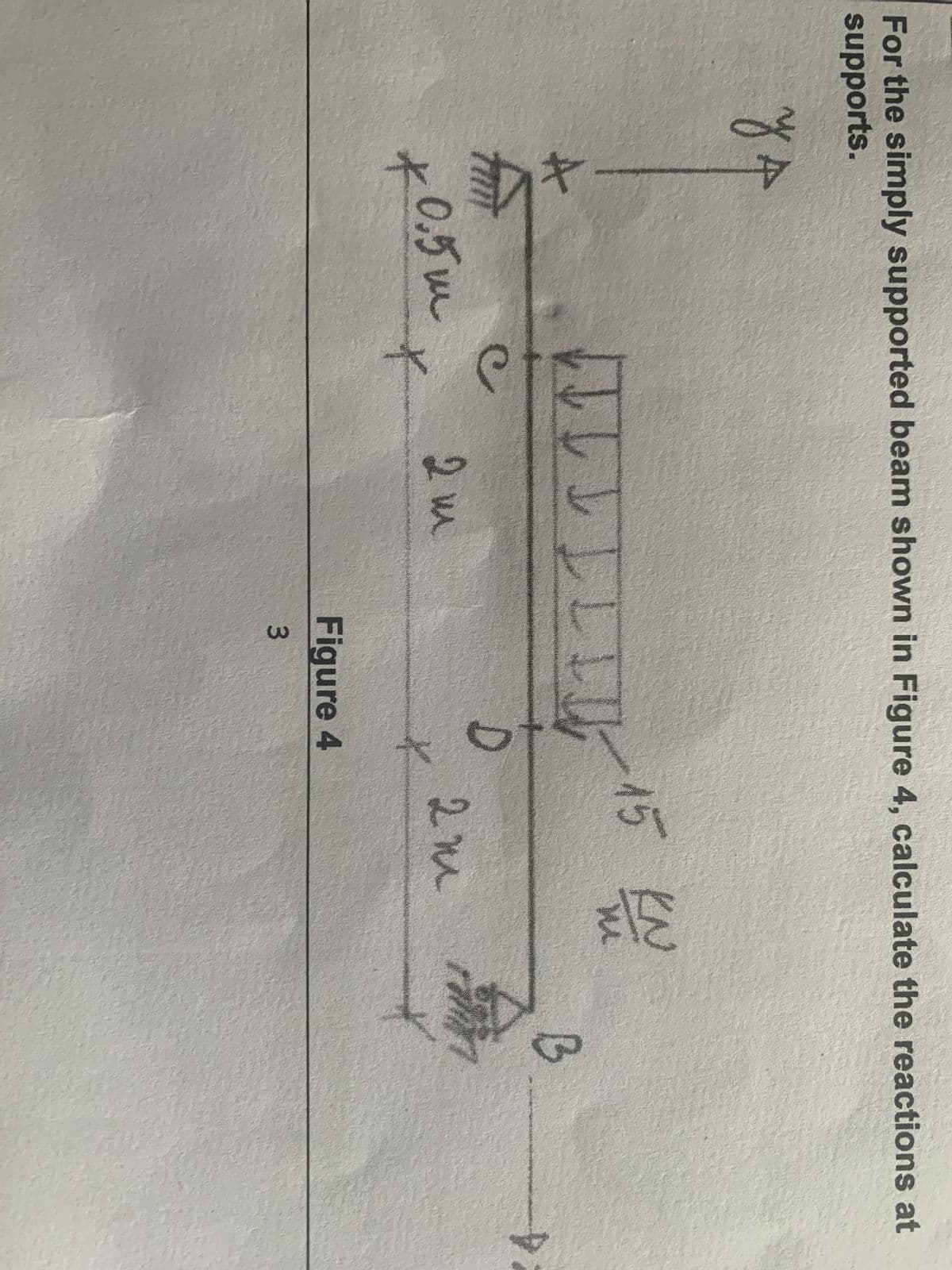 For the simply supported beam shown in Figure 4, calculate the reactions at
supports.
y p
+
*0.5m
I J L L L L L U
15 KN
B
e
D
2 m
2m
*
Figure 4
3