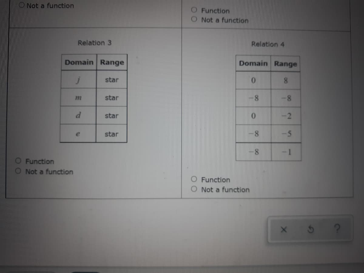 O Not a function
O Function
O Not a function
Relation 3
Relation 4
Domain Range
Domain Range
star
0.
8.
m
star
-8
-8
star
0.
-2
e
star
8.
-5
-1
O Function
O Not a function
Function
O Not a function
00
8.
