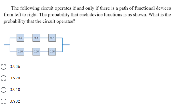 The following circuit operates if and only if there is a path of functional devices
from left to right. The probability that each device functions is as shown. What is the
probability that the circuit operates?
0.9
0.8
0.7
0.95
0.95
0.95
O 0.936
0.929
O 0.918
0.902
