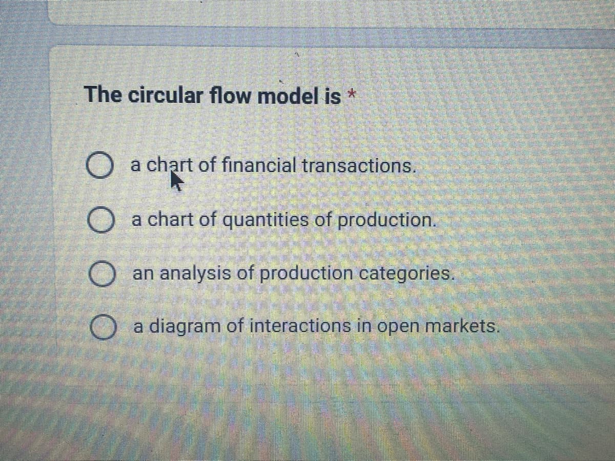 The circular flow model is *
O a chart of financial transactions.
a chart of quantities of production.
an analysis of production categories.
a diagram of interactions in open markets.