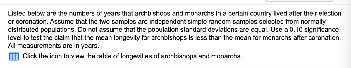 Listed below are the numbers of years that archbishops and monarchs in a certain country lived after their election
or coronation. Assume that the two samples are independent simple random samples selected from normally
distributed populations. Do not assume that the population standard deviations are equal. Use a 0.10 significance
level to test the claim that the mean longevity for archbishops is less than the mean for monarchs after coronation.
All measurements are in years.
Click the icon to view the table of longevities of archbishops and monarchs.
