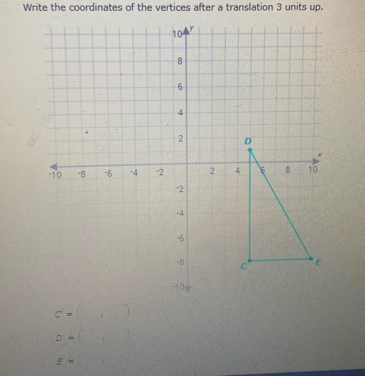 Write the coordinates of the vertices after a translation 3 units up.
104
8.
4.
-10
-8
-4
-2
14
8.
10
-2
-8
6.
2.
寸
6.
