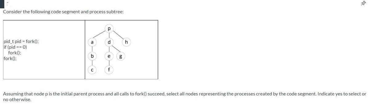 Consider the following code segment and process subtree:
pid_t pid = fork();
if (pid == 0)
fork();
fork();
a
d
e
Assuming that node p is the initial parent process and all calls to fork() succeed, select all nodes representing the processes created by the code segment. Indicate yes to select or
no otherwise.
