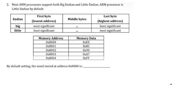 2. Most ARM processors support both Big Endian and Little Endian. ARM processor is
Little Endian by default.
Endian
big
little
First byte
(lowest address)
most significant
least significant
Memory Address
0x8000
0x8001
0x8002
0x8003
0x8004
Middle bytes
***
Memory Data
OXEE
0x8C
0x90
OxA7
OxFF
By default setting, the word stored at address 0x8000 is:.
Last byte
(highest address)
least significant
most significant