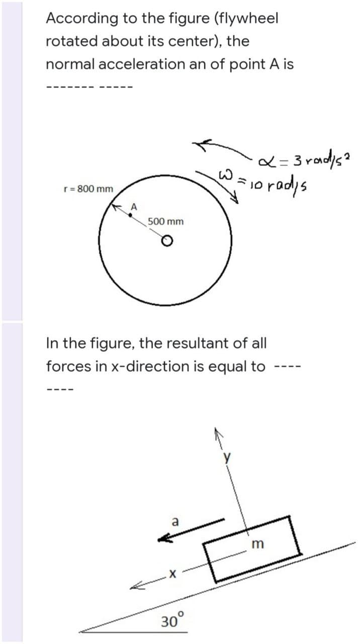 According to the figure (flywheel
rotated about its center), the
normal acceleration an of point A is
‒‒‒‒‒‒‒
W=
r = 800 mm
500 mm
In the figure, the resultant of all
forces in x-direction is equal to
a
m
A
x= 3 rad/5²
=10 radys
30°
