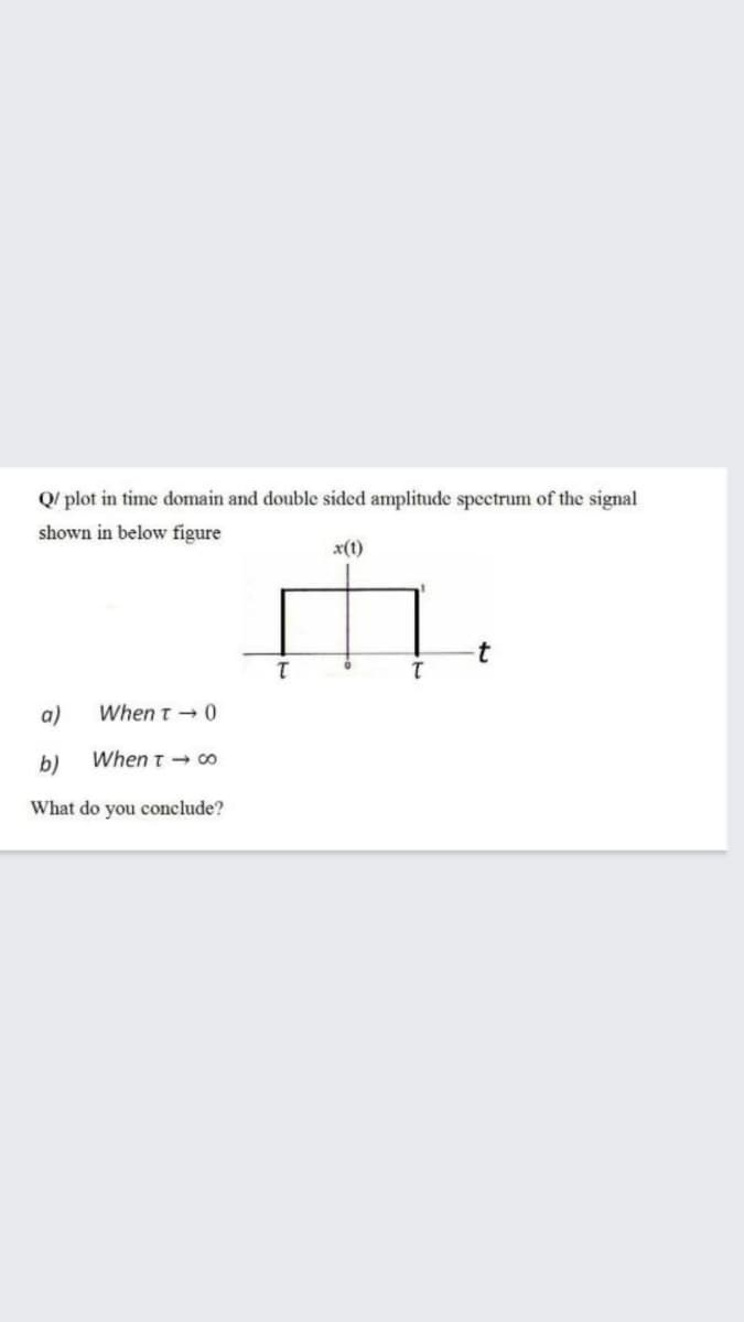 Q/ plot in time domain and double sided amplitude spectrum of the signal
shown in below figure
x(t)
a)
When t - 0
b)
When t - co
What do you conclude?
