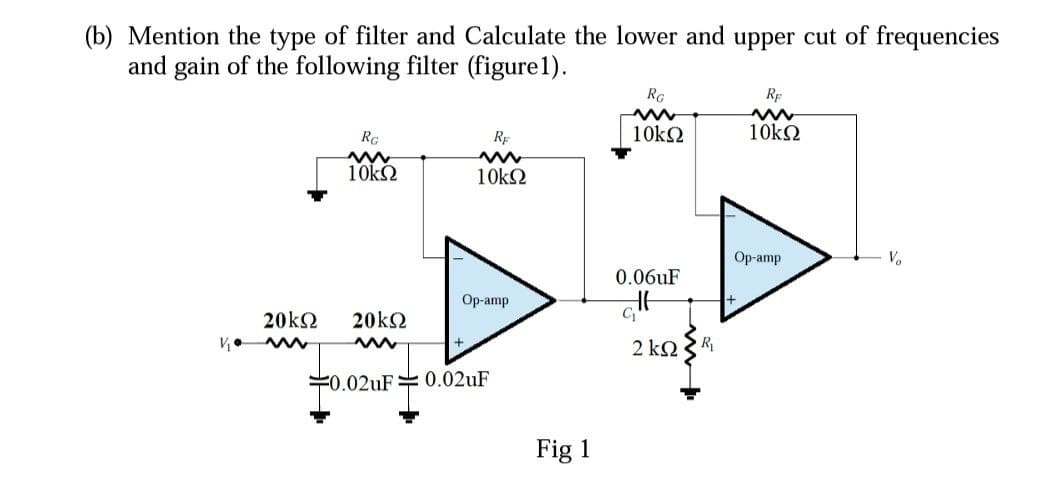 (b) Mention the type of filter and Calculate the lower and upper cut of frequencies
and gain of the following filter (figure 1).
RG
RE
www
www
RG
10kQ2
RE
10kΩ
www
www
10kQ2
10kΩ
V₂
0.06uF
gl
2 ΚΩ
20kQ2
Op-amp
20kQ
m
0.02uF 0.02uF
Fig 1
R₁
Op-amp