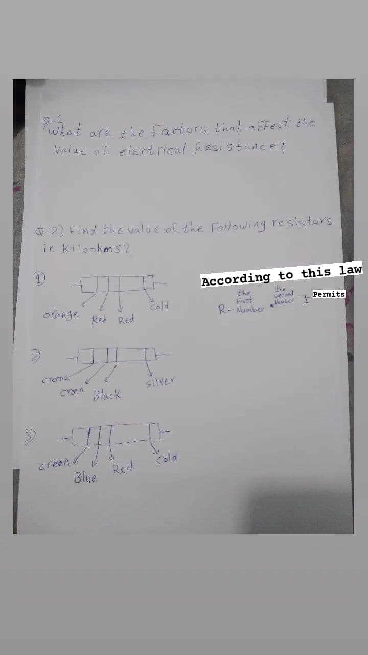lat
are the Factors that aFFect the
Value of ele ctrical Resi stance?
Q-2) Find the value of the Following resistors
in KiloohmS2
According to this law
the
second
Aamber
the
Fist
R- Number
oYange
Cold
Permits
Red Red
creene
silver
Creen
Black
creen
Cold
Blue
Red
