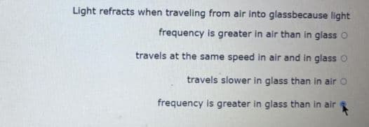 Light refracts when traveling from air into glassbecause light
frequency is greater in air than in glass O
travels at the same speed in air and in glass O
travels slower in glass than in air
frequency is greater in glass than in air
