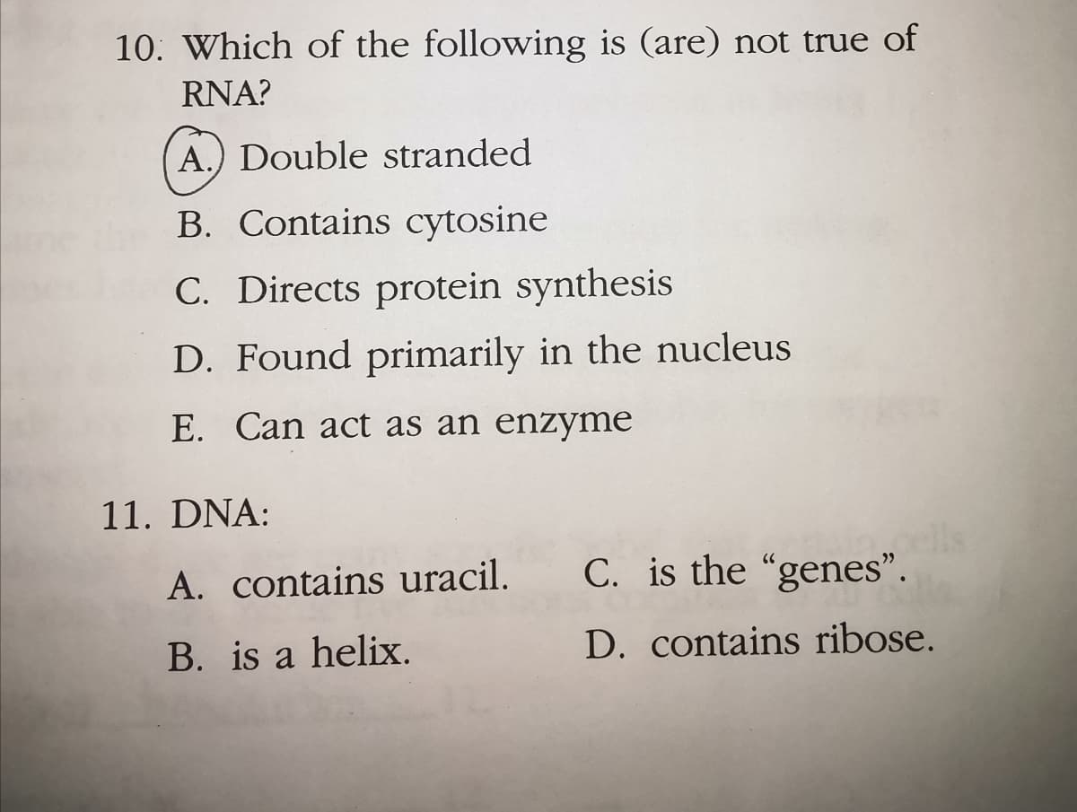 10. Which of the following is (are) not true of
RNA?
A.) Double stranded
B. Contains cytosine
C. Directs protein synthesis
D. Found primarily in the nucleus
E. Can act as an enzyme
11. DNA:
ells
C. is the "genes".
A. contains uracil.
B. is a helix.
D. contains ribose.
