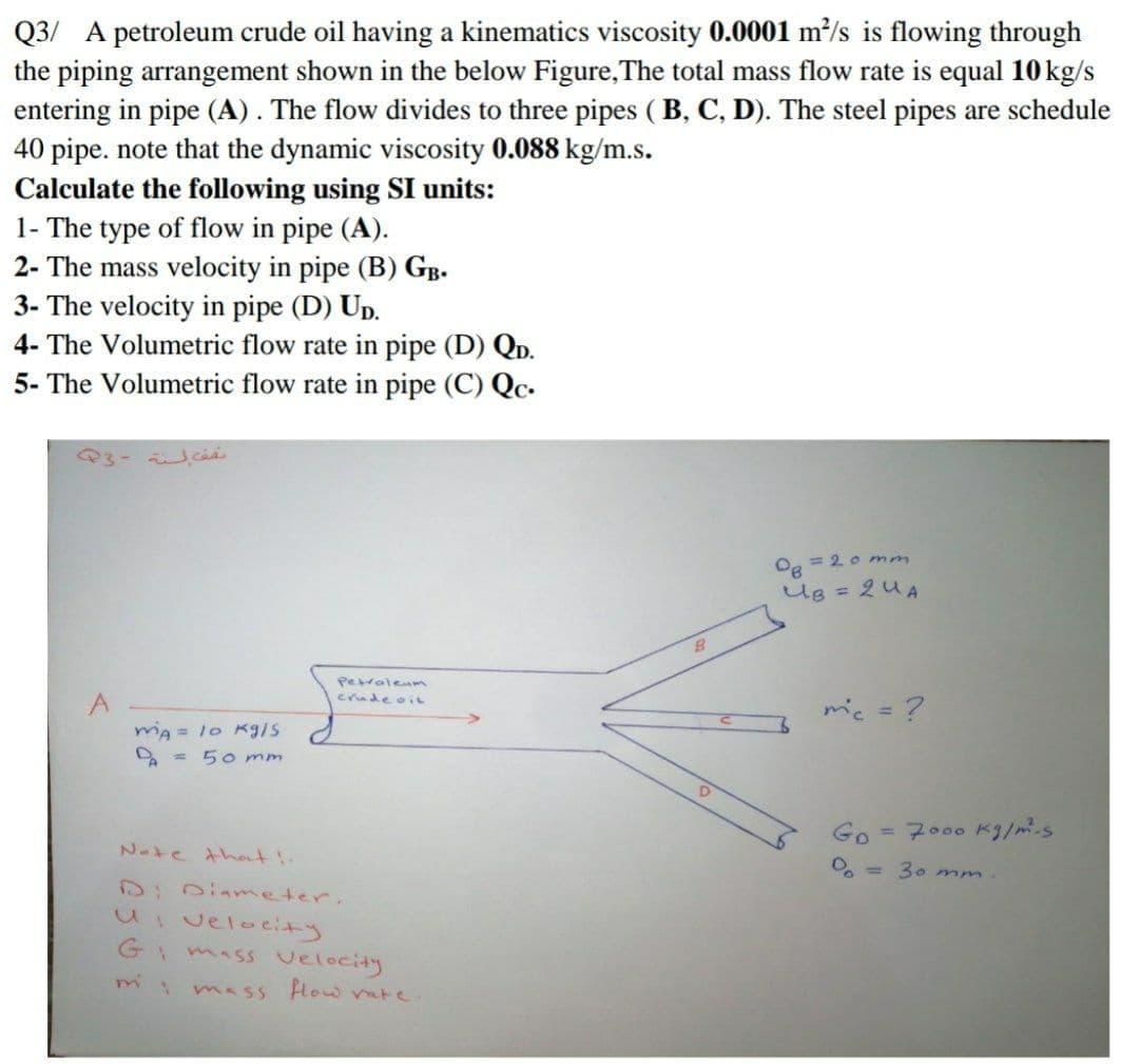 Q3/ A petroleum crude oil having a kinematics viscosity 0.0001 m²/s is flowing through
the piping arrangement shown in the below Figure,The total mass flow rate is equal 10 kg/s
entering in pipe (A) . The flow divides to three pipes ( B, C, D). The steel pipes are schedule
40 pipe. note that the dynamic viscosity 0.088 kg/m.s.
Calculate the following using SI units:
1- The type of flow in pipe (A).
2- The mass velocity in pipe (B) GB.
3- The velocity in pipe (D) Up.
4- The Volumetric flow rate in pipe (D) QD.
5- The Volumetric flow rate in pipe (C) Qc.
Oe = 2 o mm
UB = 2UA
Perralenm
crude oL
mic =?
->
ma = 1o Kg/s
= 50 mm
Go
7000 K/m.s
%3D
Note that!.
= 30 mm
D: 0iameter,
UIvelocity
G mass velocity
mass How ate.
