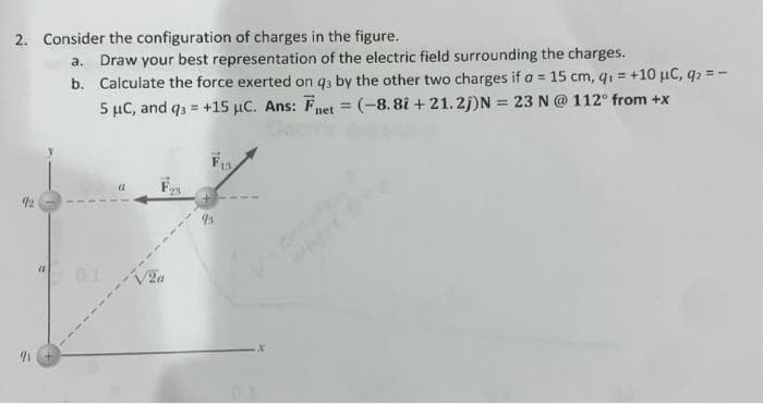 2. Consider the configuration of charges in the figure.
92
(2
a. Draw your best representation of the electric field surrounding the charges.
b. Calculate the force exerted on q3 by the other two charges if a = 15 cm, q₁ = +10 μC, q = -
5 μC, and q3= +15 μC. Ans: Fnet = (-8.8i +21.2j)N = 23 N @ 112° from +x
1
0.1
Fo
Fis
95