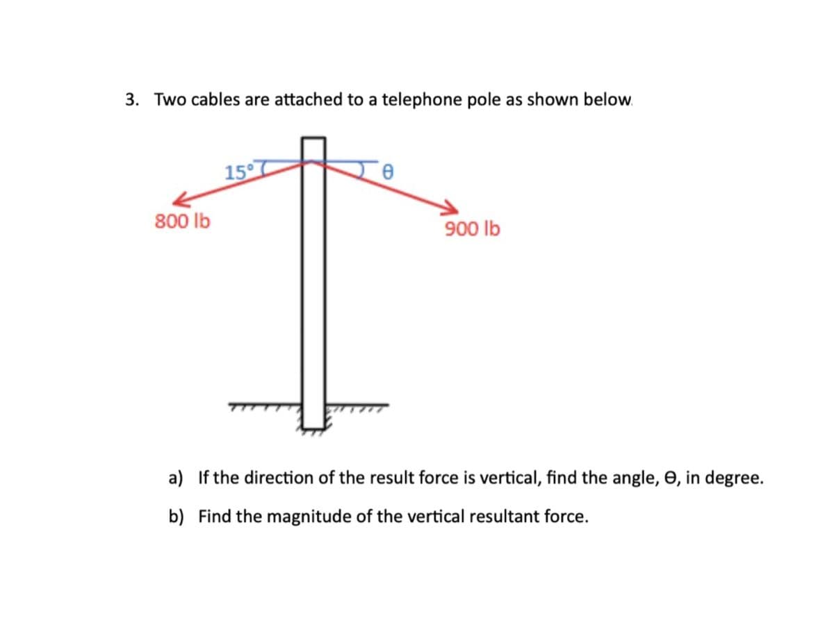 3. Two cables are attached to a telephone pole as shown below.
15°7
800 lb
900 lb
a) If the direction of the result force is vertical, find the angle, e, in degree.
b) Find the magnitude of the vertical resultant force.
