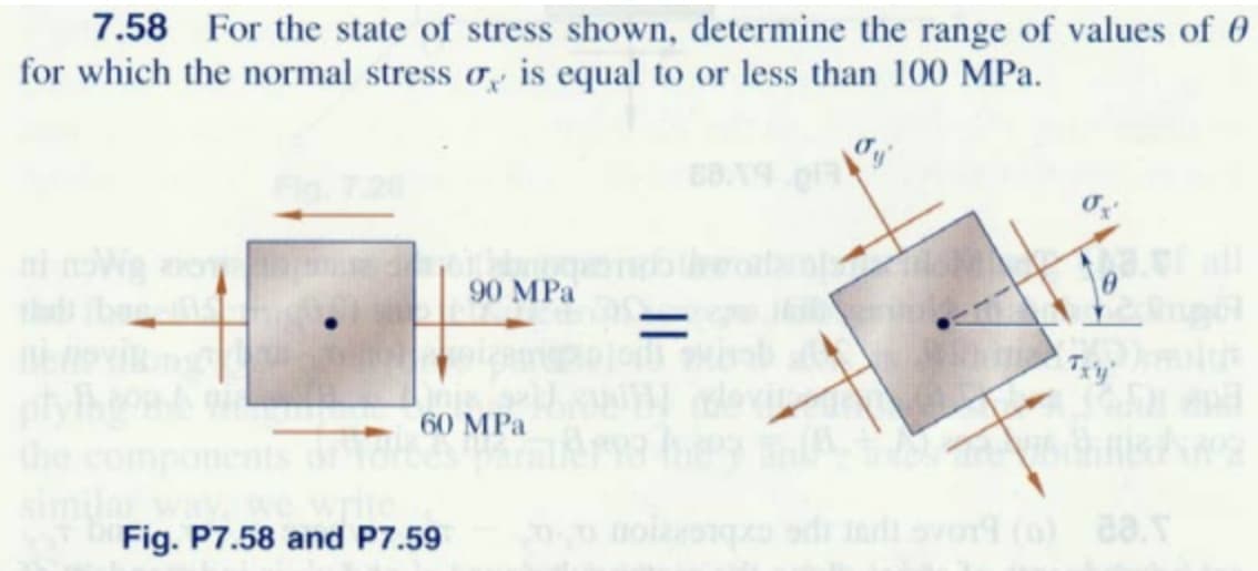 7.58 For the state of stress shown, determine the range of values of 0
for which the normal stress o, is equal to or less than 100 MPa.
90 MPa
Try
60 MPa
the
Fig. P7.58 and P7.59
