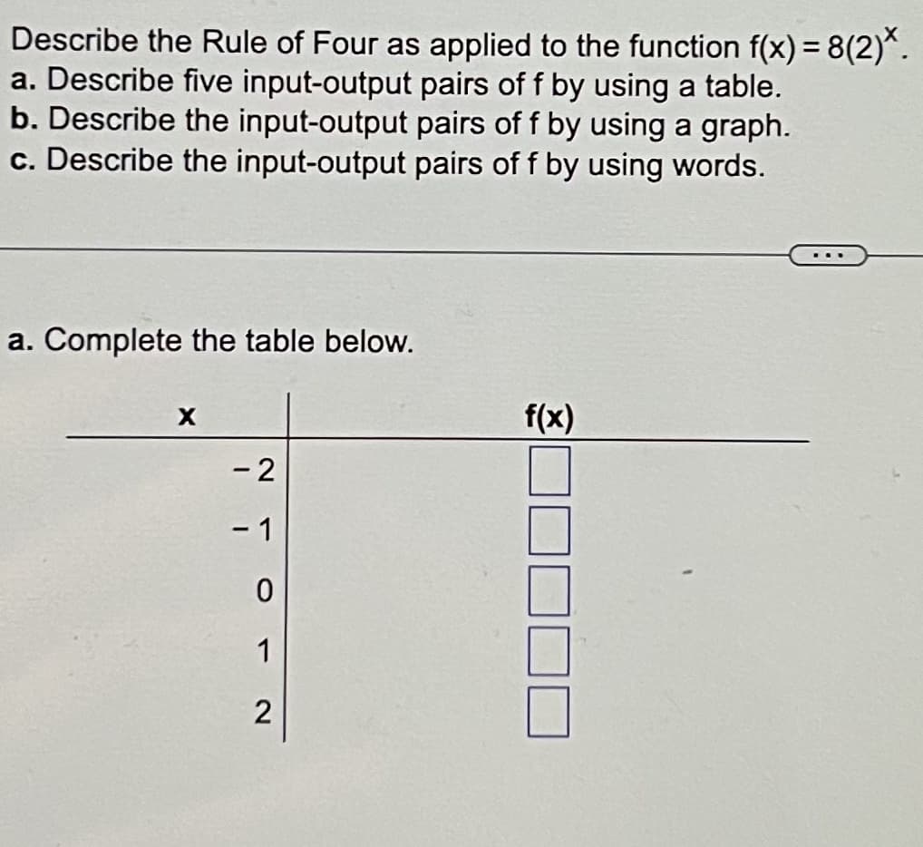 Describe the Rule of Four as applied to the function f(x) = 8(2)*.
a. Describe five input-output pairs of f by using a table.
b. Describe the input-output pairs of f by using a graph.
c. Describe the input-output pairs of f by using words.
a. Complete the table below.
X
- 2
- 1
0
1
2
f(x)
...