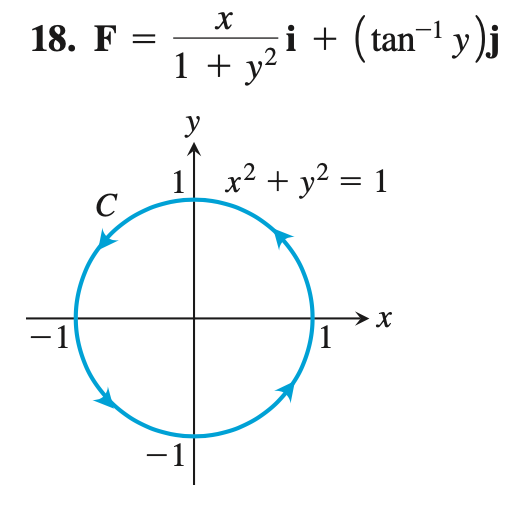 i +
1 + y?
(tan-! y)j
18. F =
y
1 x2 + y² = 1
C
-1
|
