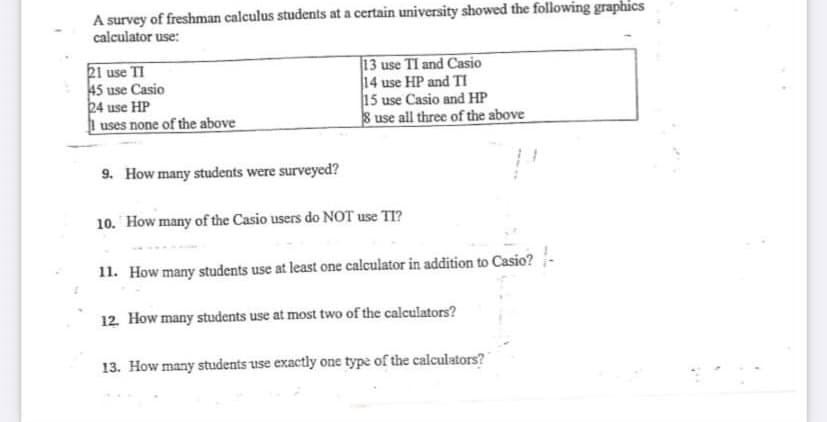 A survey of freshman calculus students at a certain university showed the following graphics
calculator use:
21 use TI
45 use Casio
24 use HP
uses none of the above
13 use TI and Casio
14 use HP and TI
15 use Casio and HP
S use all three of the above
9. How many students were surveyed?
10. How many of the Casio users do NOT use TI?
11. How many students use at least one calculator in addition to Casio? -
12. How many students use at most two of the calculators?
13. How many students use exactly one type of the calculators?
