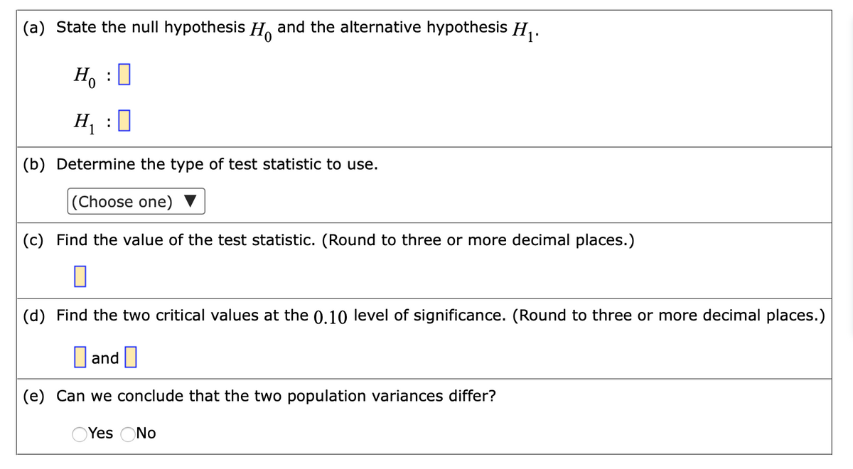 (a) State the null hypothesis H. and the alternative hypothesis H,.
0.
H :
(b) Determine the type of test statistic to use.
|(Choose one)
(c) Find the value of the test statistic. (Round to three or more decimal places.)
(d) Find the two critical values at the 0.10 level of significance. (Round to three or more decimal places.)
O and |
(e) Can we conclude that the two population variances differ?
Yes ONo
