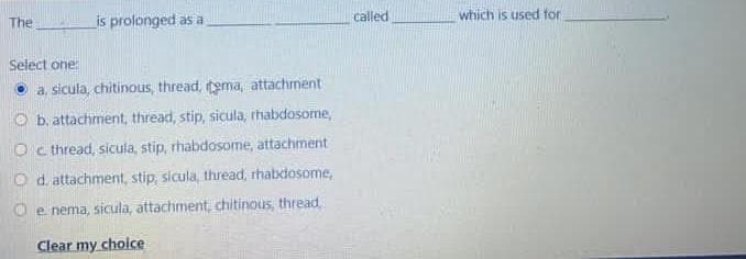 The is prolonged as a
called
which is used for
Select one:
a sicula, chitinous, thread, tema, attachment
O b. attachment, thread, stip, sicula, rhabdosome,
O c thread, sicula, stip, rhabdosome, attachment
O d. attachment, stip, sicula, thread, rhabiosome,
O e nema, sicula, attachment, chitinous, thread
Clear my choice
