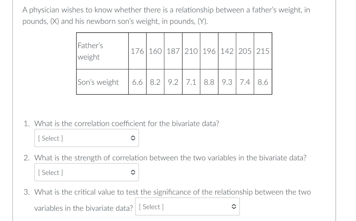 A physician wishes to know whether there is a relationship between a father's weight, in
pounds, (X) and his newborn son's weight, in pounds, (Y).
Father's
176 160 187 210 196 142 205 215
weight
Son's weight 6.6 8.2 9.2 7.1 8.8 9.3 7.4 8.6
1. What is the correlation coefficient for the bivariate data?
[Select]
2. What is the strength of correlation between the two variables in the bivariate data?
[ Select]
3. What is the critical value to test the significance of the relationship between the two
variables in the bivariate data? [Select]