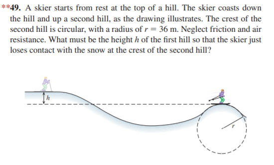 **49. A skier starts from rest at the top of a hill. The skier coasts down
the hill and up a second hill, as the drawing illustrates. The crest of the
second hill is circular, with a radius of r = 36 m. Neglect friction and air
resistance. What must be the height h of the first hill so that the skier just
loses contact with the snow at the crest of the second hill?
