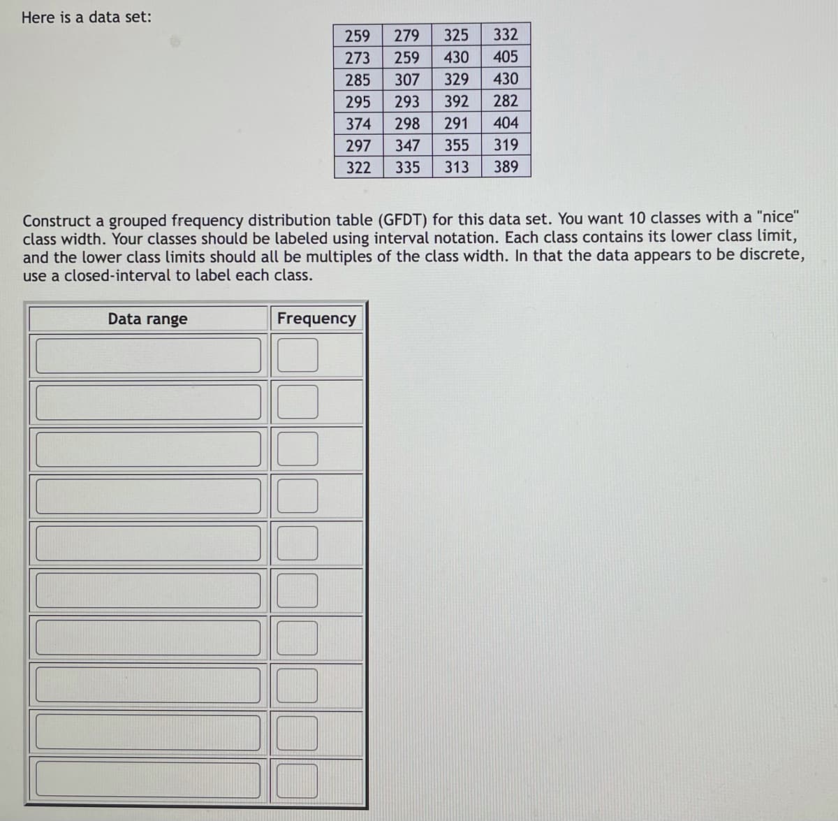 Here is a data set:
259
279
325
332
273
259
430
405
285
307
329
430
295
293
392
282
374
298
291
404
297
347
355
319
322
335
313
389
Construct a grouped frequency distribution table (GFDT) for this data set. You want 10 classes with a "nice"
class width. Your classes should be labeled using interval notation. Each class contains its lower class limit,
and the lower class limits should all be multiples of the class width. In that the data appears to be discrete,
use a closed-interval to label each class.
Data range
Frequency
Sに m m

