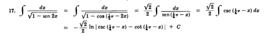 了
dz
dz
dz
17.
csc (47 – 2) dz
%3!
2
sen (17 – 2)
cos (47 – 2z)
In | csc (47 – z) – cot (}7 – z) | + C
V1 - sen 2z
V1
2
