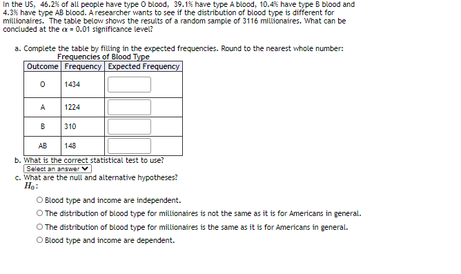 In the US, 46.2% of all people have type O blood, 39.1% have type A blood, 10.4% have type B blood and
4.3% have type AB blood. A researcher wants to see if the distribution of blood type is different for
millionaires. The table below shows the results of a random sample of 3116 millionaires. What can be
concluded at the a = 0.01 significance level?
a. Complete the table by filling in the expected frequencies. Round to the nearest whole number:
Frequencies of Blood Type
Outcome Frequency Expected Frequency
1434
A
1224
В
310
AB
148
b. What is the correct statistical test to use?
Select an answer V
c. What are the null and alternative hypotheses?
Но:
O Blood type and income are independent.
O The distribution of blood type for millionaires is not the same as it is for Americans in general.
O The distribution of blood type for millionaires is the same as it is for Americans in general.
O Blood type and income are dependent.
